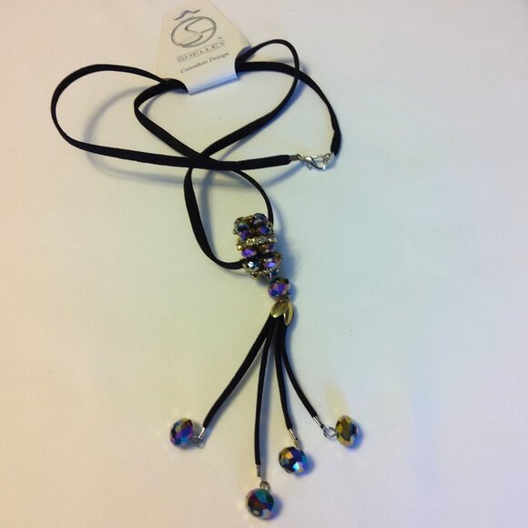 NEW Shelley Long Black Genuine Leather Art Deco Beaded Necklace - Picture 1 of 7